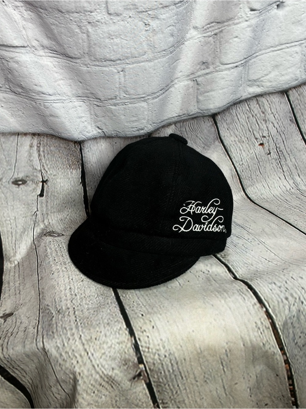 Harley-Davidson Black Felt White Embroidered Painter’s Hat Cabbie Cap Sz Small